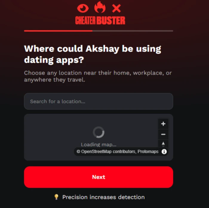 CheaterBuster map screen where the user pins a last-known location to narrow the dating profile search