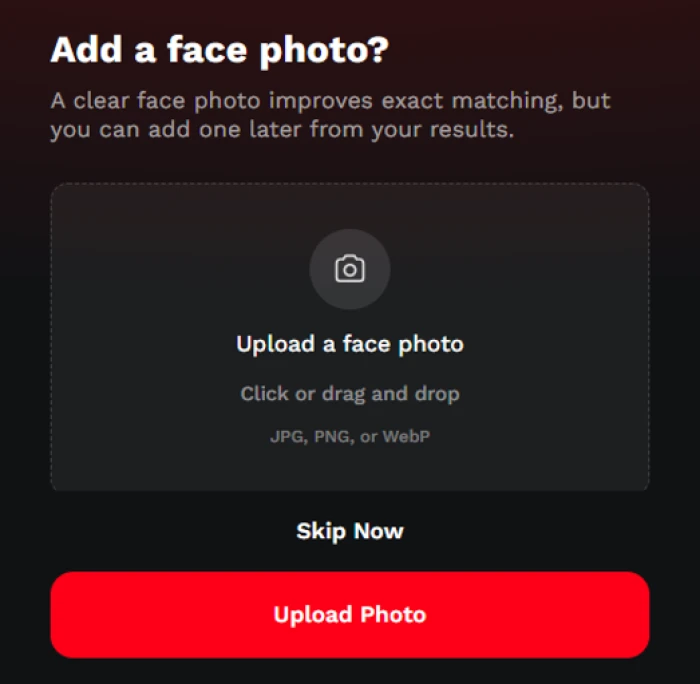 CheaterBuster optional face photo upload screen for reverse-image matching against public profiles