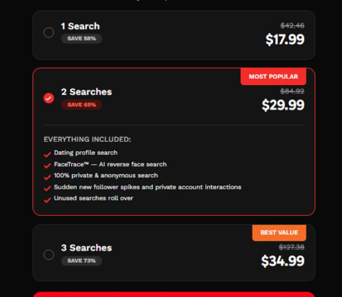 CheaterBuster checkout screen showing report prices between 17.99 and 34.99 dollars anchored against higher crossed-out original prices