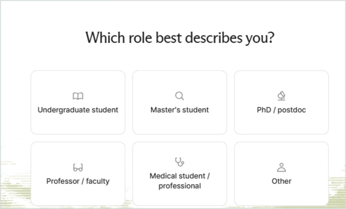 Liner onboarding role question with six tiles: Undergraduate, Master's student, PhD or postdoc, Professor or faculty, Medical student or professional, and Other