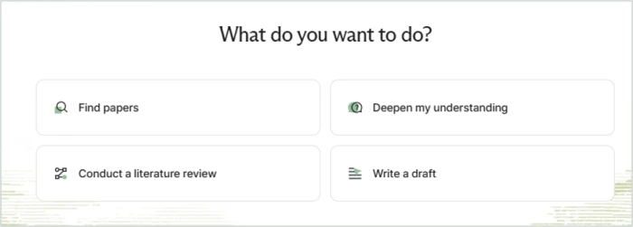 Liner onboarding goal question with four options: Find papers, Deepen my understanding, Conduct a literature review, and Write a draft
