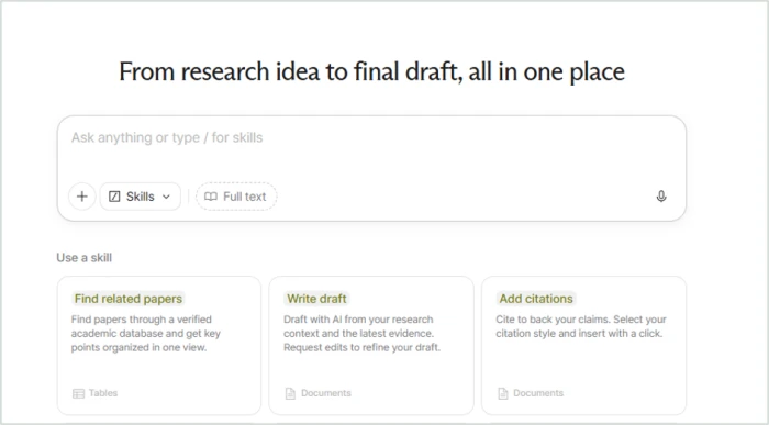 Liner workspace with the heading From research idea to final draft all in one place, a prompt box with a Skills menu, a Full text toggle, attachments and voice input, and skill cards for Find related papers, Write draft and Add citations