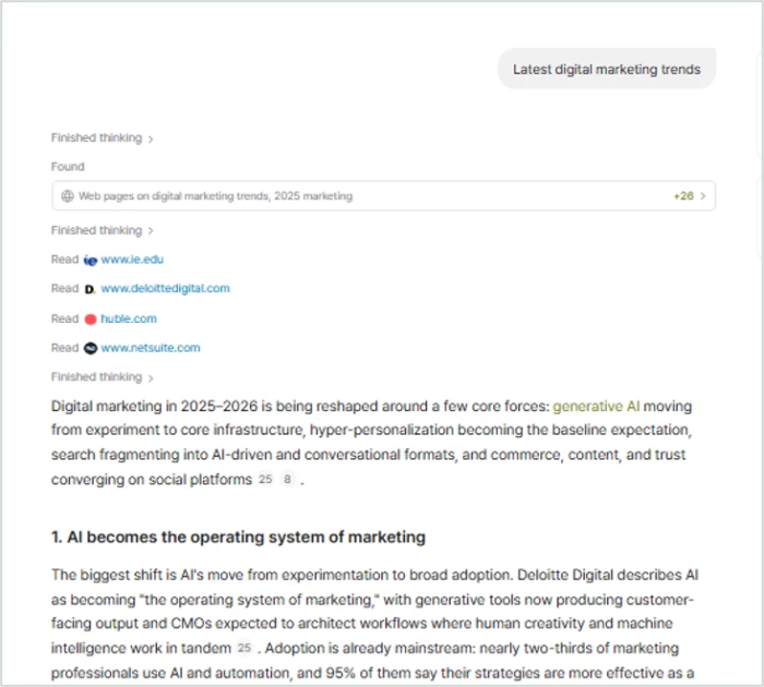 Liner running a query, showing its thinking steps, a web search that found 26+ pages, the specific sites it read including ie.edu, deloittedigital.com, huble.com and netsuite.com, and an answer with a summary and numbered sections carrying inline citation markers