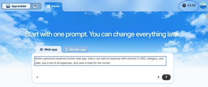 Emergent home screen showing a plain-English prompt box with 10.00 free credits displayed and no payment method entered