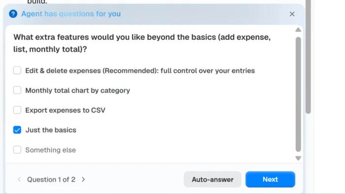Emergent setup question one asking which extra features to include, with options like edit and delete, a category chart, CSV export, or just the basics