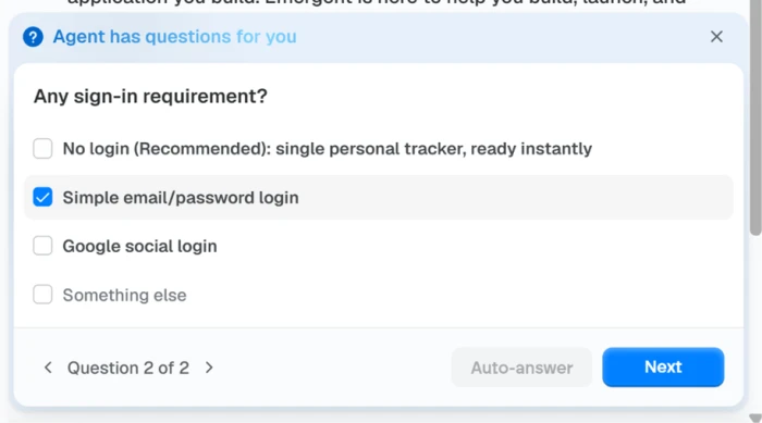 Emergent setup question two asking about sign-in, offering email and password login or a no-login option
