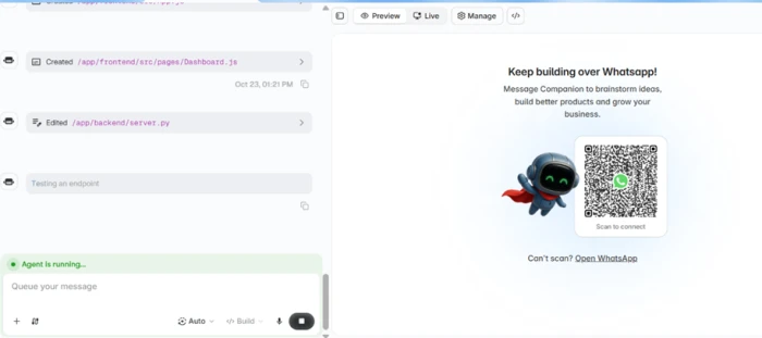 Emergent mid-build view editing a Python backend server file, with a Keep building over WhatsApp QR code panel visible in the preview area