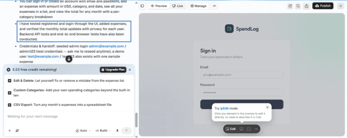 Emergent handing over a finished app called SpendLog with a sign-in screen, seeded test logins, a claim that it tested the app, and free credits now reading 5.53