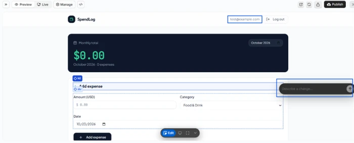Emergent edit mode where you can click an element and describe a change in a chat box, with no option to edit the app layout by hand