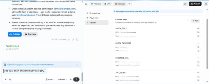 Emergent Secrets store listing the app's keys such as admin login, frontend URL and a JWT secret, split into live and test values