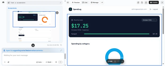 Side by side comparison: the agent's own proof screenshot showing a 42.50 dollar monthly total for June 2026 with a two-column chart, next to the real live app showing 17.25 dollars for October 2026 with the chart stacked below the total