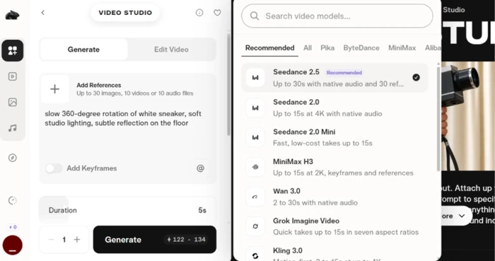 Pika Video Studio model dropdown listing Seedance 2.5, Seedance 2.0, MiniMax H3, Wan 3.0, Grok Imagine and Kling 3.0, each tagged with length and resolution limits