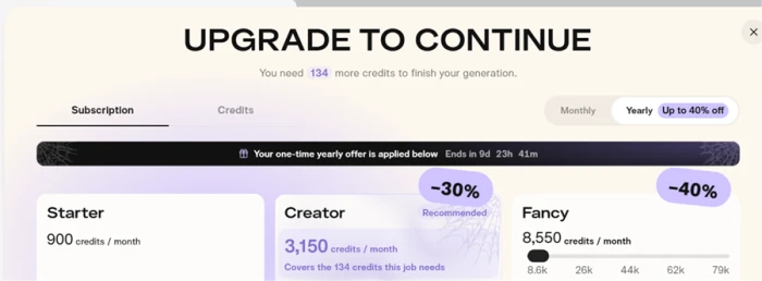 Full-screen Upgrade to Continue credit wall on Pika telling the user they need 134 more credits to finish the render