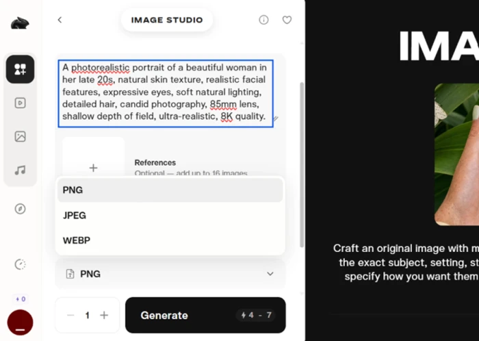 Pika Image Studio showing the prompt field for a photorealistic perfume bottle brief with PNG selected as the export format