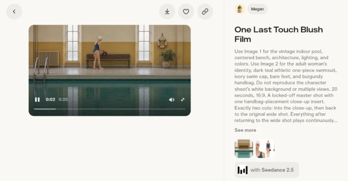 A 20-second Seedance 2.5 clip in Pika's Discover feed with its prompt, model name and source reference frames displayed