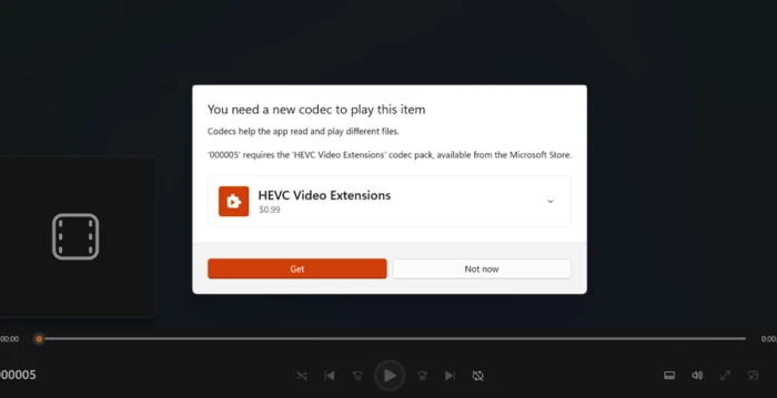 Windows prompting the user to buy HEVC Video Extensions from the Microsoft Store before the downloaded Pika clip will open