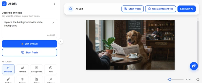 Img2Go AI Edit panel showing a typed instruction to replace the background with white, above a photo of a dog in round glasses reading a newspaper in a cafe