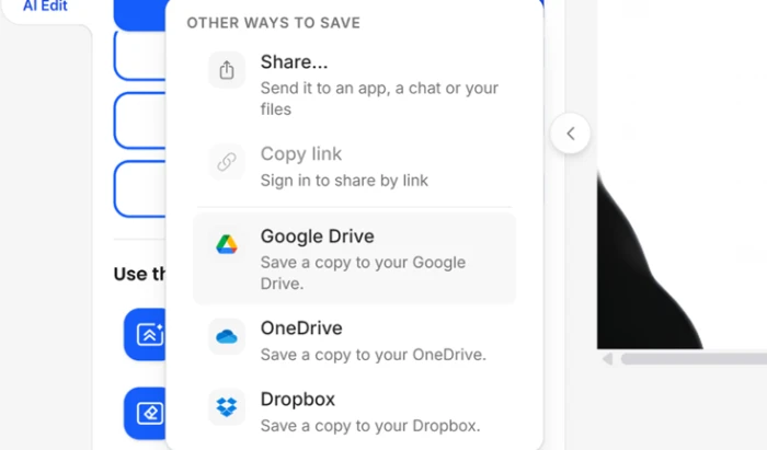 Img2Go save and share panel offering Google Drive, OneDrive, Dropbox, and a Share button, with the Copy link option greyed out