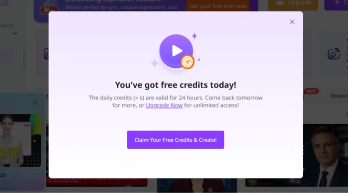 Vidnoz popup congratulating the user on free daily credits, with body text reading The daily credits (= s) are valid for 24 hours and an unfilled template variable