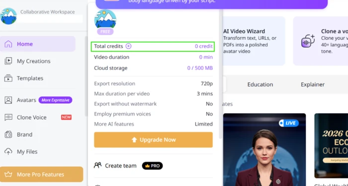 Vidnoz plan summary showing a balance of 0 credits and 0 minutes of video, with free tier limits of 720p export, 3 minutes per video, no watermark removal and no premium voices