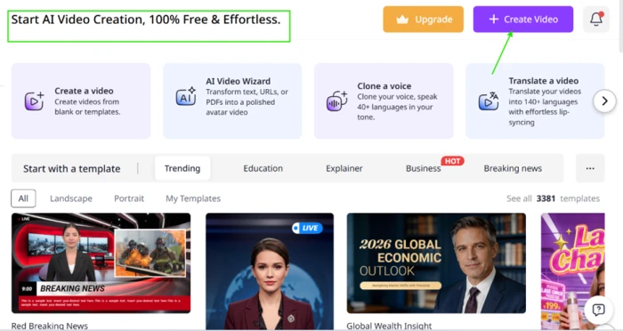 Vidnoz dashboard header reading Start AI Video Creation 100% Free and Effortless, with four entry cards and a template browser counting 3381 templates