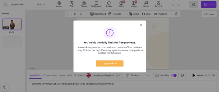 Vidnoz modal reading You've hit the daily limit for free previews, with the limit printed as 0 times per day on a brand new account