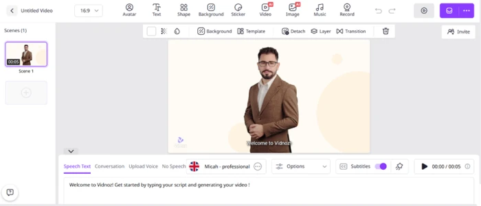 Vidnoz editor toolbar with Avatar, Text, Shape, Background, Sticker, AI Video, AI Image, Music and Record options, a UK-flagged default voice named Micah, and a faint Vidnoz watermark bottom-left