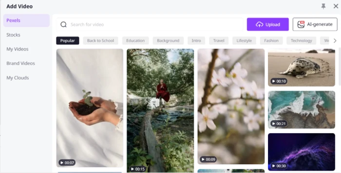 Vidnoz Add Video panel drawing from Pexels and a Stocks library, with category chips for Back to School, Education, Travel, Fashion and Technology, plus Upload and AI-generate options