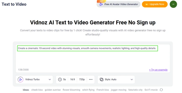 Vidnoz Text to Video page headed Free No Sign up, with default settings of Vidnoz Turbo, 5 seconds, 16:9 and 720p