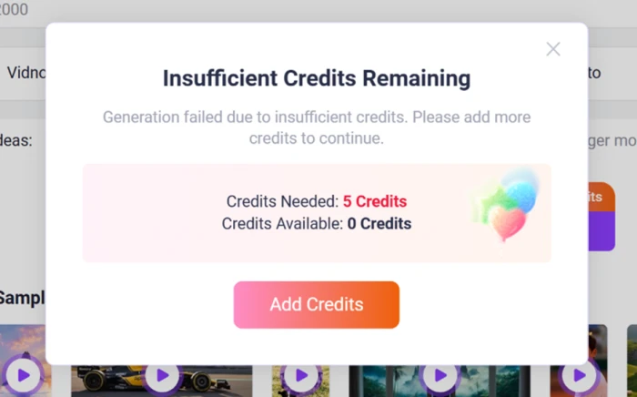 Vidnoz popup reading Insufficient Credits Remaining, Credits Needed 5, Credits Available 0, with an Add Credits button routing to a purchase page