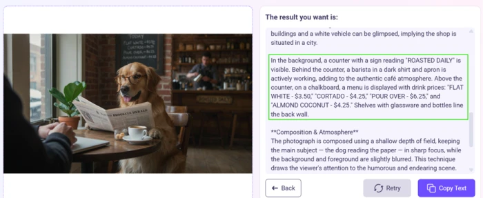 Vidnoz AI Image Describer output for a photo of a golden retriever reading a newspaper in a cafe, identifying the ROASTED DAILY sign, the barista, the masthead, and chalkboard prices