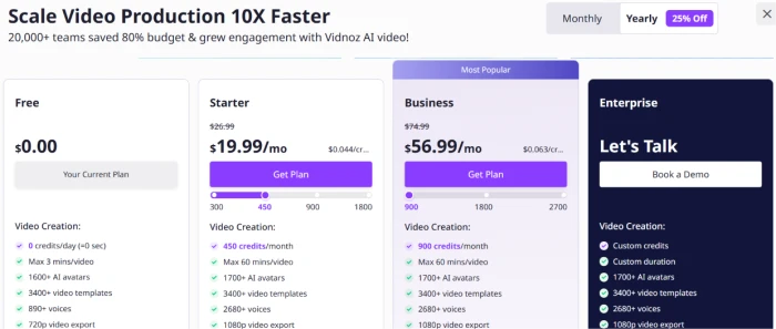 Vidnoz pricing screen with Free at $0, Starter at $19.99 per month, Business at $56.99 per month marked Most Popular, and Enterprise as Let's Talk, on the yearly billing toggle