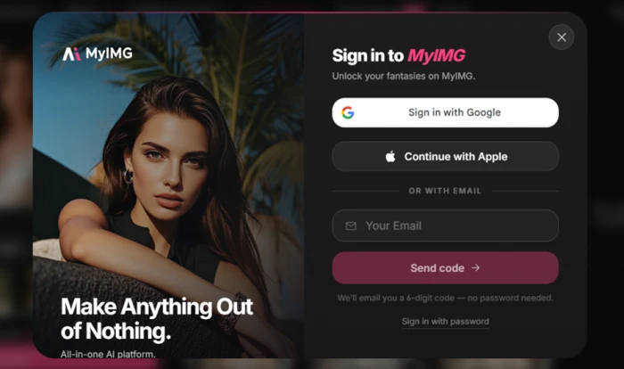 MyIMG login window prompting the user to sign in with Google or email before a generation can run