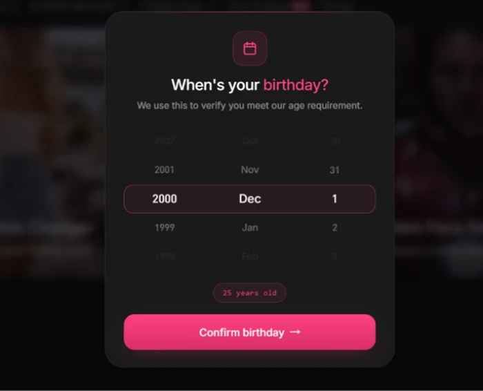 MyIMG date-of-birth entry screen asking the user to confirm they meet the age requirement