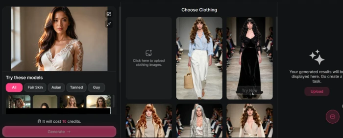 MyIMG clothes swap panel showing a job cost of 10 credits against a balance of zero