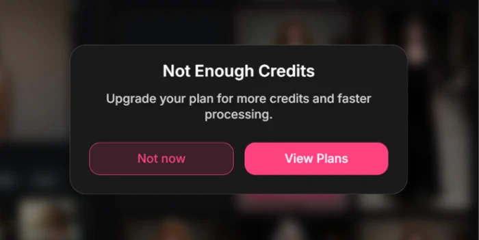 MyIMG Not Enough Credits dialog pointing the user to the View Plans button