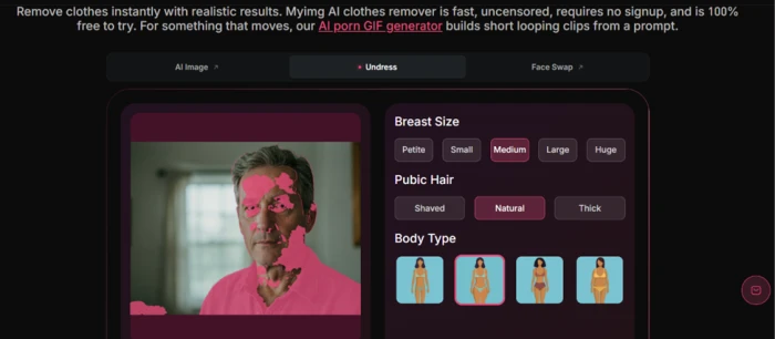 MyIMG clothes remover detection overlay in pink smeared across a clothed man's face and hand instead of his shirt
