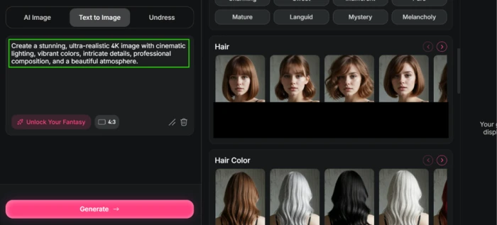 MyIMG Text to Image tab with the Unlock Your Fantasy helper filling the prompt box with canned text about ultra-realistic 4K output and cinematic lighting
