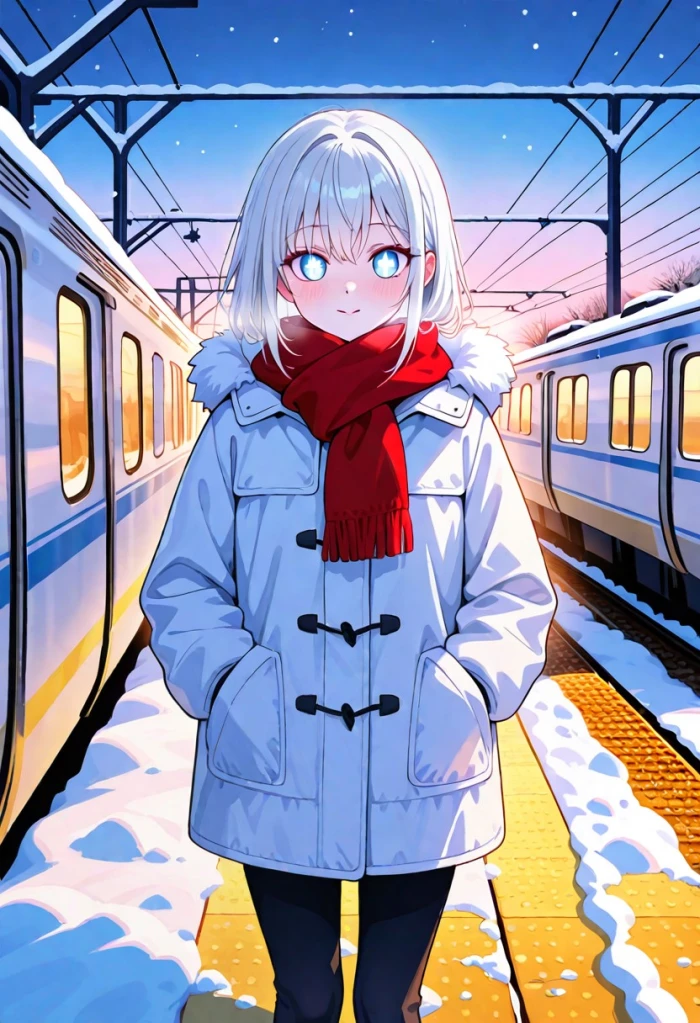Civitai generated anime character image showing silver haired girl with red scarf on snowy train platform at dusk with expressive eyes detailed winter coat and soft pastel lighting key visual style output