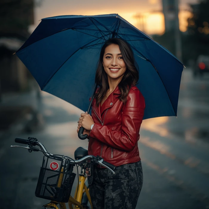 Leonardo AI generated image showing woman in red leather jacket with blue umbrella beside yellow bicycle at sunset with no rain visible despite rainy street being specified in the prompt showing prompt adherence gap