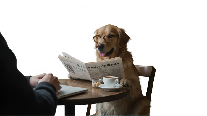 The edited result: the same dog in glasses reading a newspaper, now on a plain white background with the cafe removed