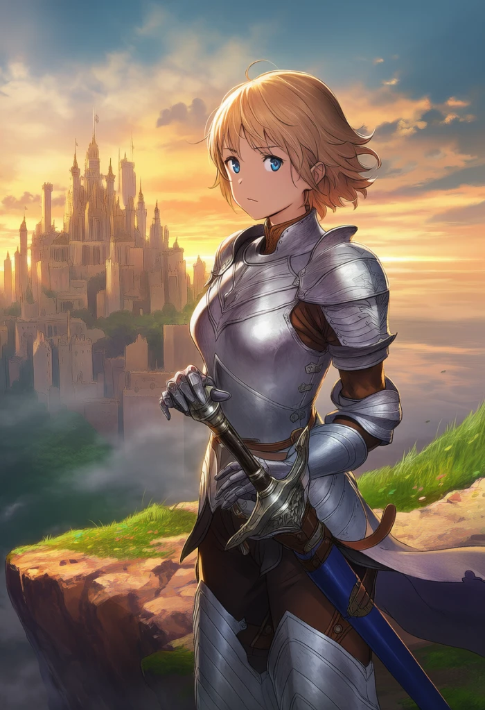 NovelAI generated anime image of young female warrior in detailed silver armor standing on cliff overlooking fantasy kingdom at dramatic sunset