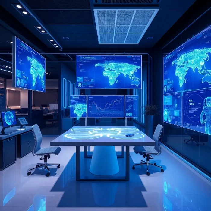 Merlin AI generated image of a modern AI-powered workspace with holographic screens in realistic style