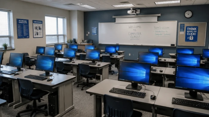 NoteGPT generated computer classroom image showing realistic and well organized computer lab with multiple desktop computers student workstations whiteboard displaying lesson topic classroom posters and projector demonstrating prompt accurate detailed visually appealing output matching the given computer classroom prompt for educational illustration use cases