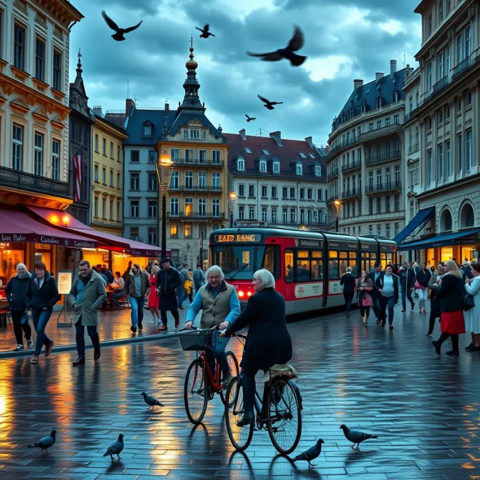 Pixnova.ai generated cinematic scene of European city square at blue hour after rain with people interacting natural lighting reflective cobblestones vintage tram and dramatic cloud atmosphere from detailed text prompt