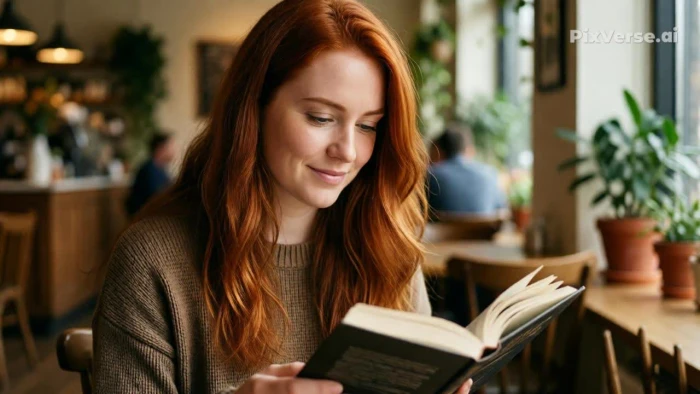 Pixverse AI generated image of young woman with red hair reading book in cozy café showing realistic facial expressions and natural movements from AI text-to-image generation result