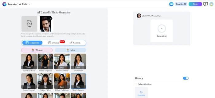 Remaker AI LinkedIn profile photo generator input screen with style and background options
