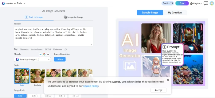 Remaker AI image generator interface showing the prompt input and style selection options