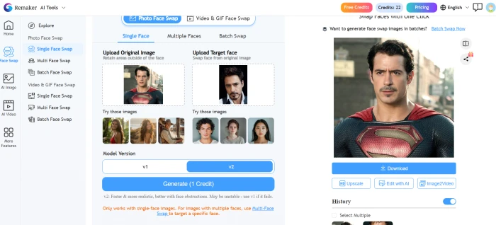 Remaker AI photo face swap interface showing source face, target image, and the swapped result side by side