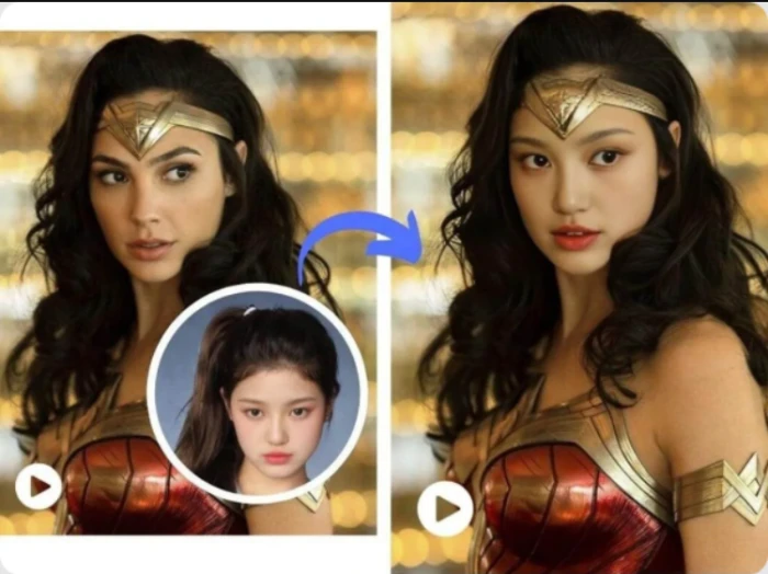 Remaker AI video face swap interface showing source face, video clip, and rendered result